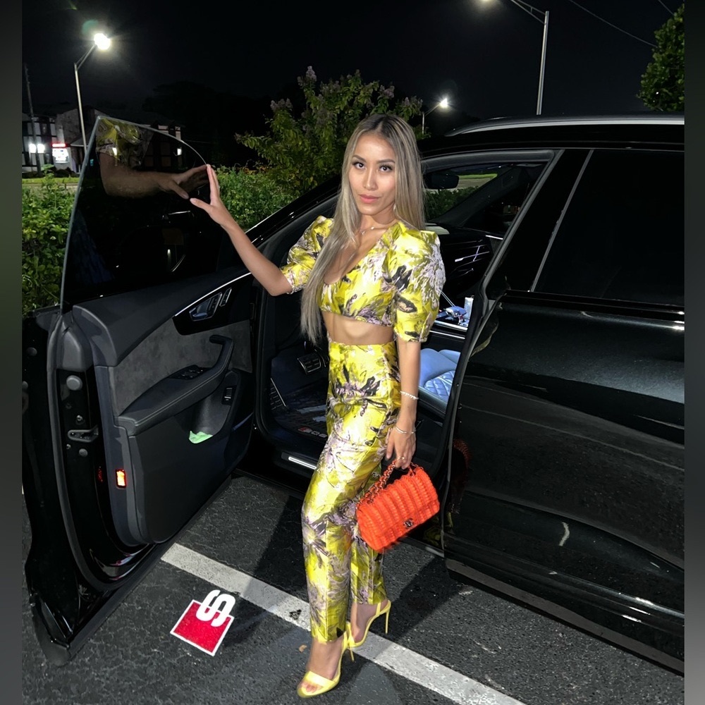 Camila Coelho Kahlo Crop Top and Breccant Pants Set in Yellow Floral.